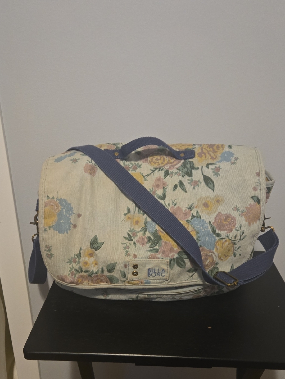 Billabong Floral Canvas Messenger Bag in Cream, Yellow and Blue